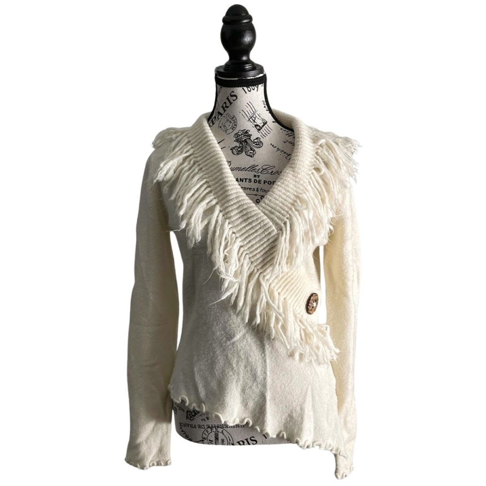 Y2K San Francisco Fringe Shawl Cardigan Cream Boho Western Festival Sweater
